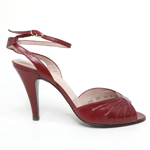 Vintage Nina Burgundy Leather Ankle Strap Peep-Toe Pumps Heels Retro 90s Classic - Picture 2 of 12